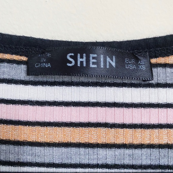 SHEIN Striped Crop Top Peach Pink Blue White Button Up Black Trim Detail - Picture 4 of 4